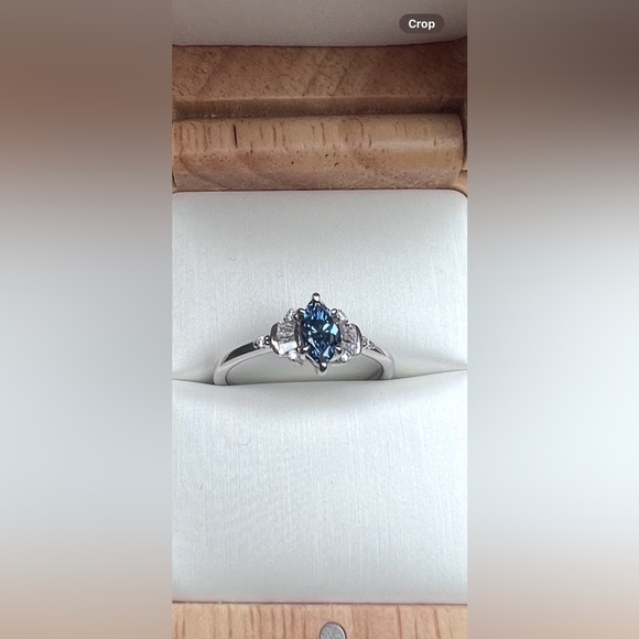 18K White Gold Daphne Art Deco Lab Ring with Blue Diamond Center Stone, Size 9 - Picture 2 of 3
